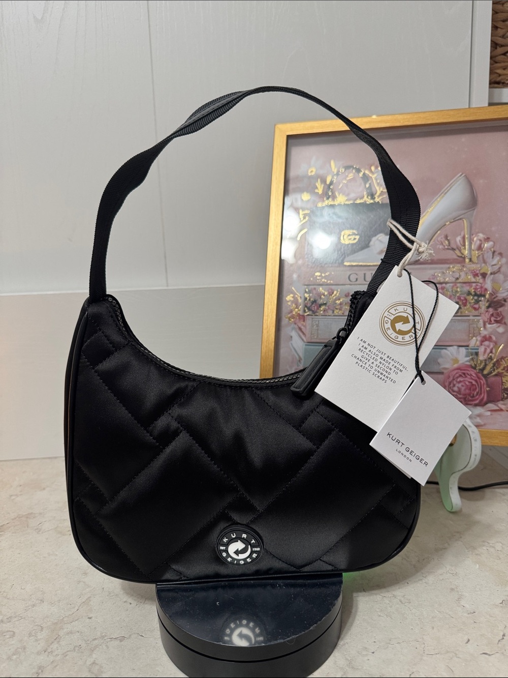 Kurt Geiger Black Quilted recycled small hobo bag